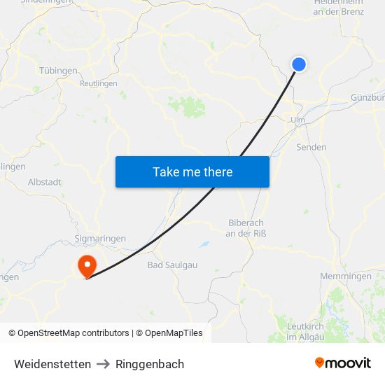 Weidenstetten to Ringgenbach map