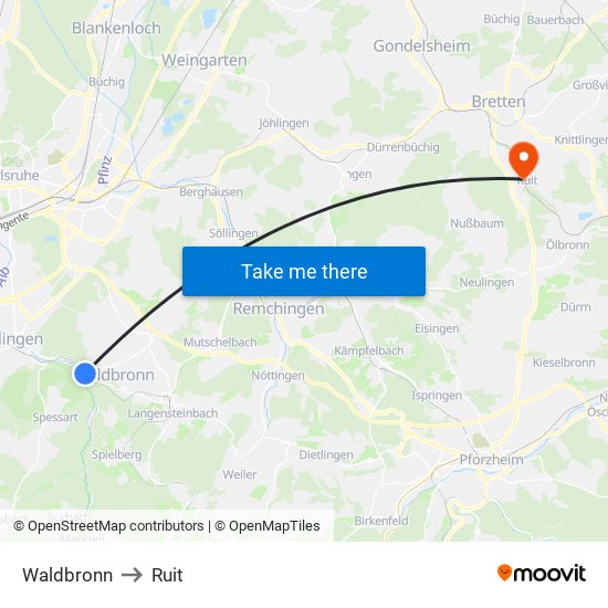 Waldbronn to Ruit map