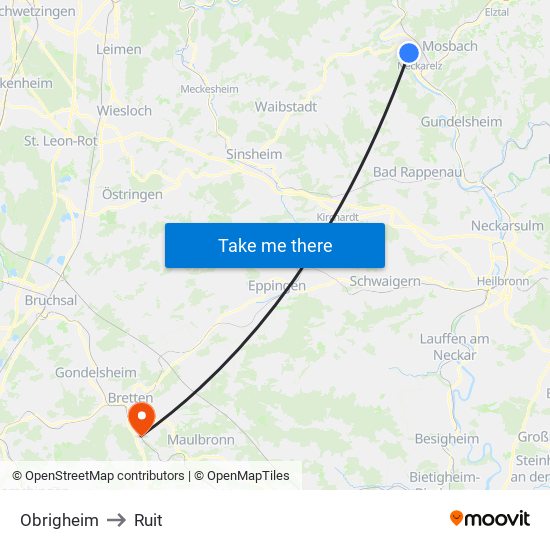 Obrigheim to Ruit map