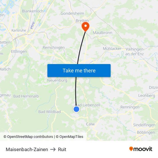 Maisenbach-Zainen to Ruit map