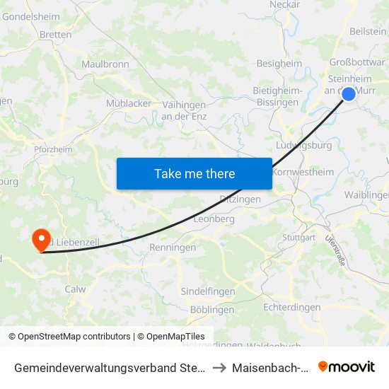 Gemeindeverwaltungsverband Steinheim-Murr to Maisenbach-Zainen map