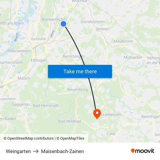 Weingarten to Maisenbach-Zainen map