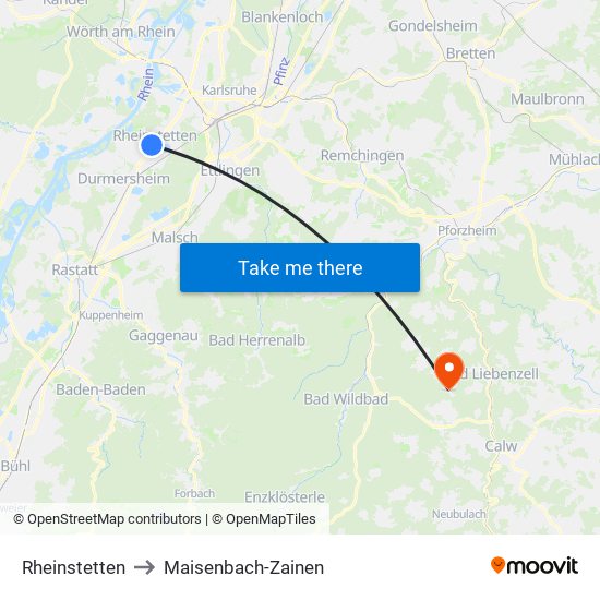 Rheinstetten to Maisenbach-Zainen map