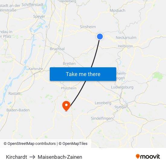 Kirchardt to Maisenbach-Zainen map