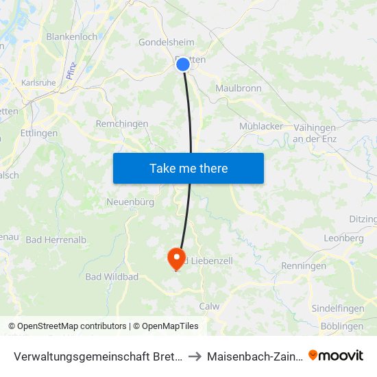 Verwaltungsgemeinschaft Bretten to Maisenbach-Zainen map