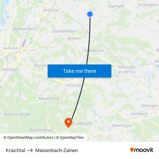 Kraichtal to Maisenbach-Zainen map