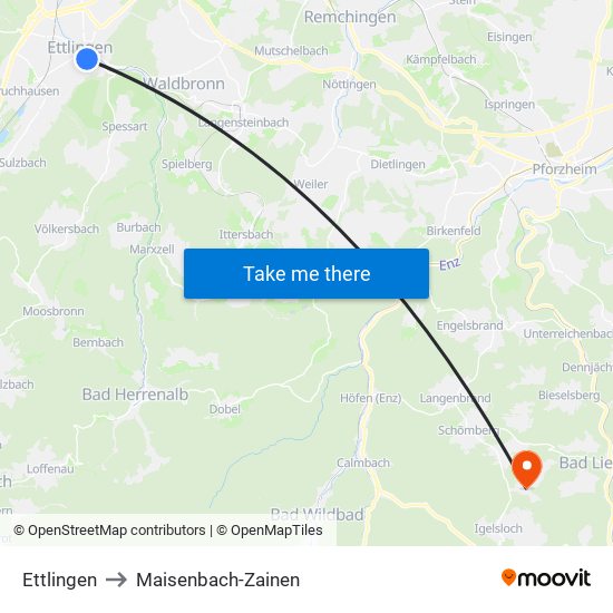 Ettlingen to Maisenbach-Zainen map