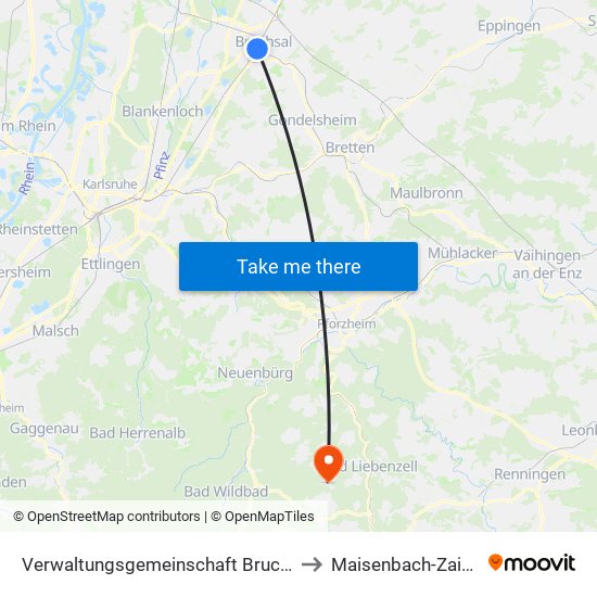 Verwaltungsgemeinschaft Bruchsal to Maisenbach-Zainen map