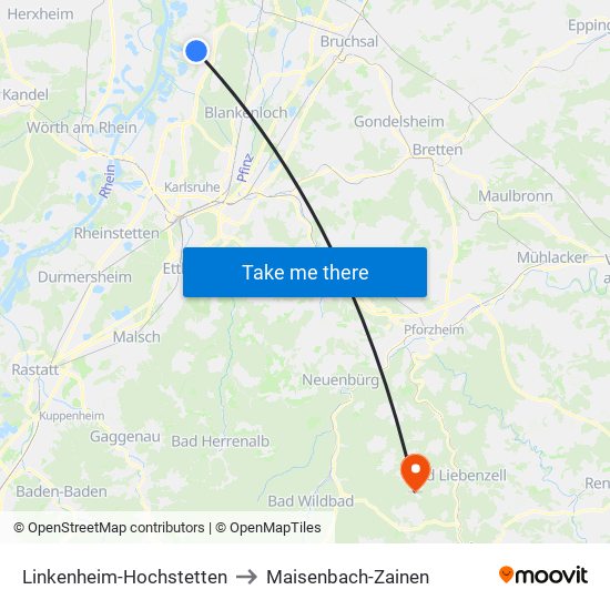 Linkenheim-Hochstetten to Maisenbach-Zainen map