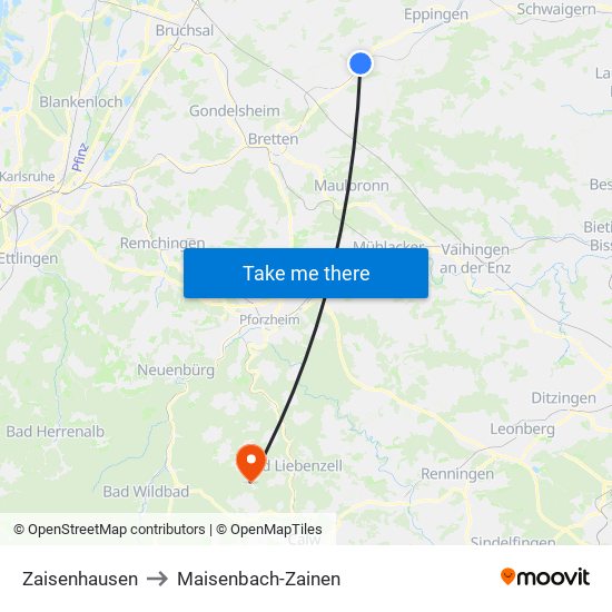 Zaisenhausen to Maisenbach-Zainen map