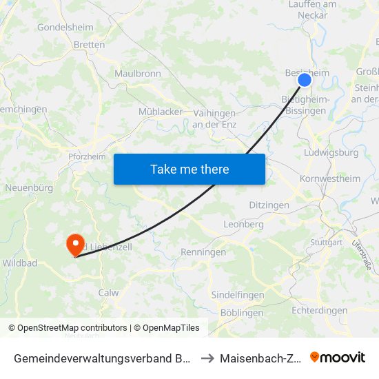 Gemeindeverwaltungsverband Besigheim to Maisenbach-Zainen map