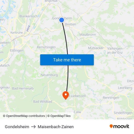 Gondelsheim to Maisenbach-Zainen map