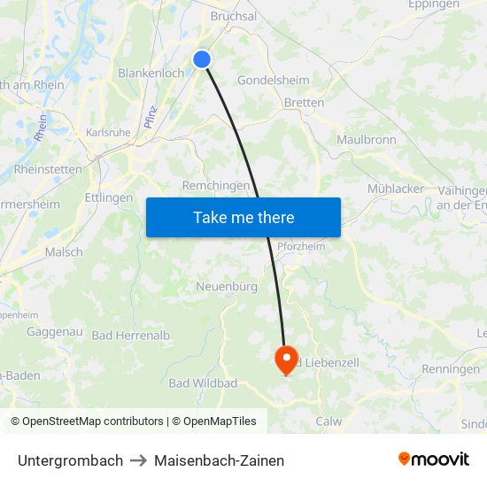 Untergrombach to Maisenbach-Zainen map