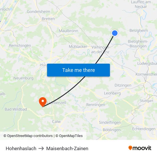 Hohenhaslach to Maisenbach-Zainen map