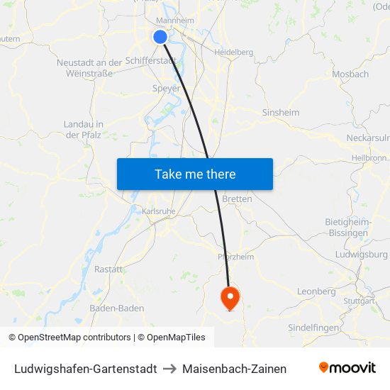 Ludwigshafen-Gartenstadt to Maisenbach-Zainen map