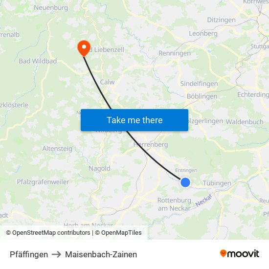 Pfäffingen to Maisenbach-Zainen map