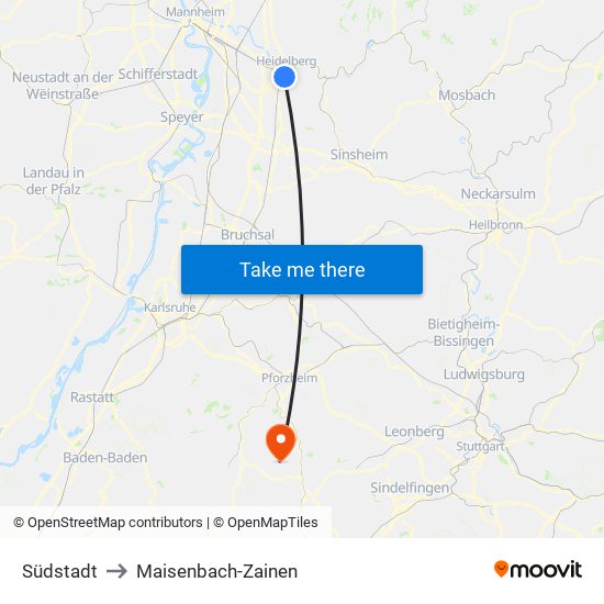 Südstadt to Maisenbach-Zainen map