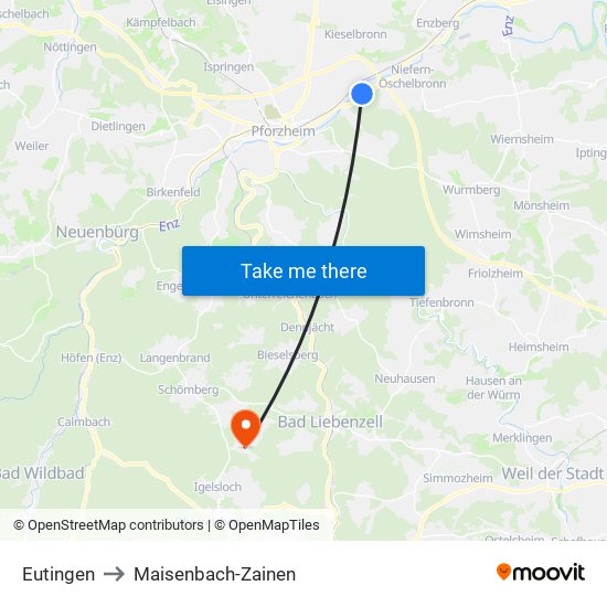 Eutingen to Maisenbach-Zainen map