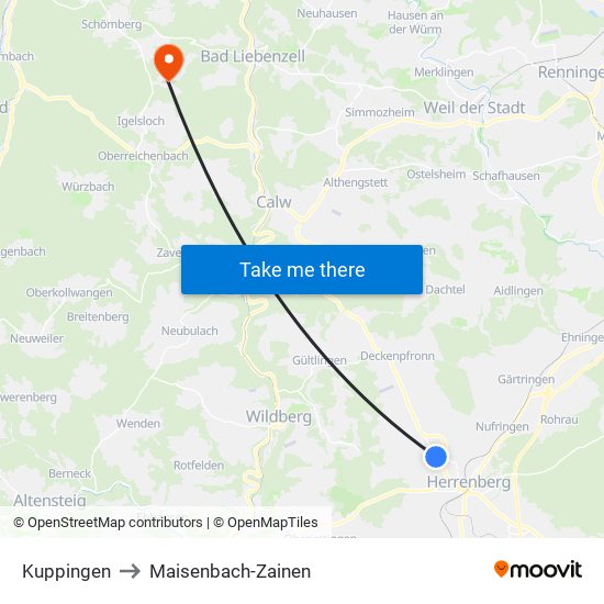 Kuppingen to Maisenbach-Zainen map