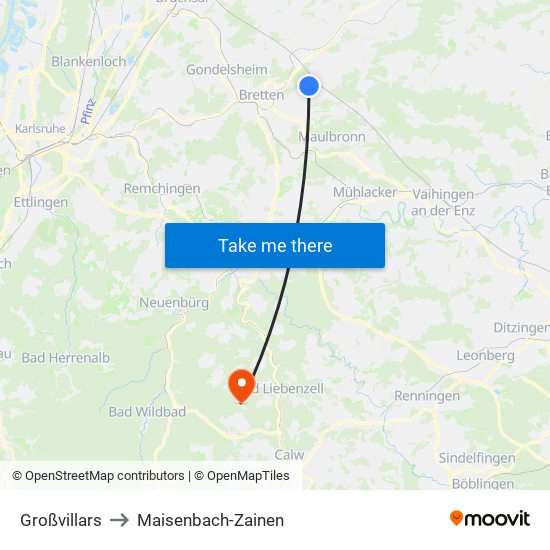 Großvillars to Maisenbach-Zainen map