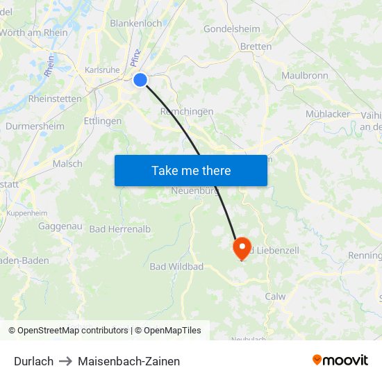 Durlach to Maisenbach-Zainen map