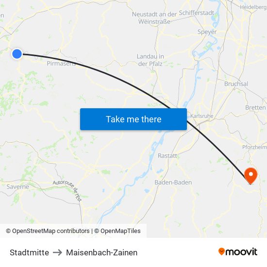 Stadtmitte to Maisenbach-Zainen map