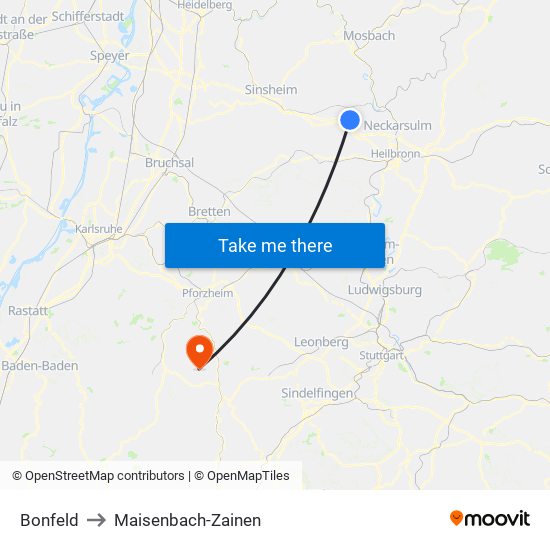 Bonfeld to Maisenbach-Zainen map