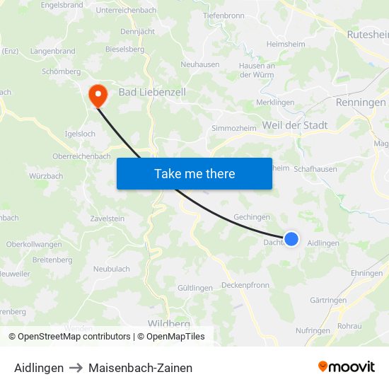Aidlingen to Maisenbach-Zainen map
