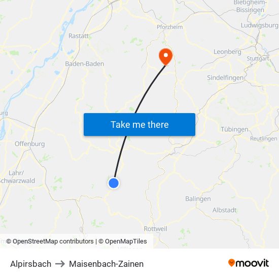 Alpirsbach to Maisenbach-Zainen map