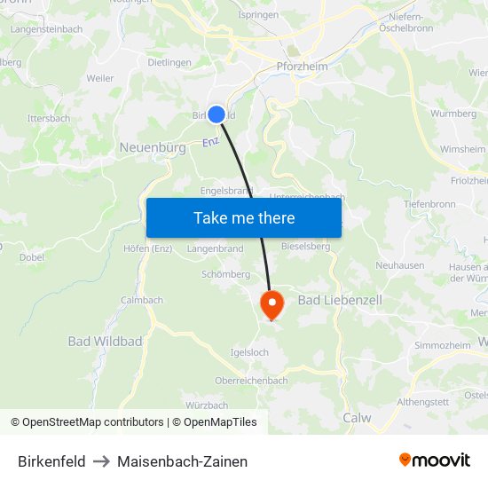 Birkenfeld to Maisenbach-Zainen map