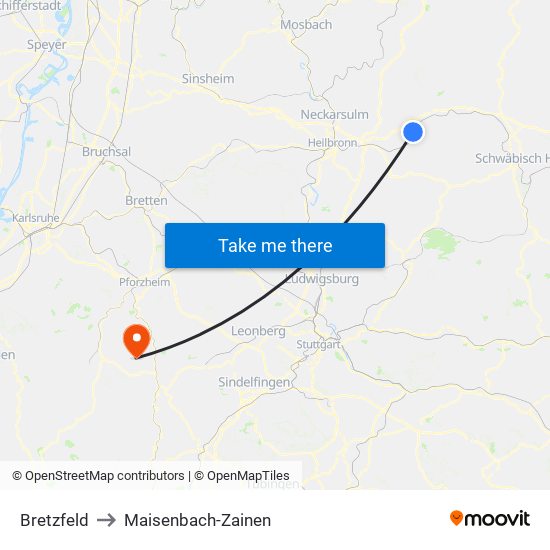 Bretzfeld to Maisenbach-Zainen map