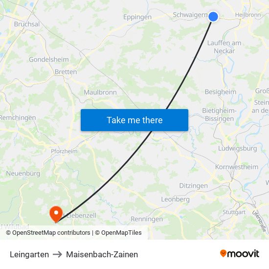 Leingarten to Maisenbach-Zainen map