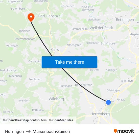Nufringen to Maisenbach-Zainen map