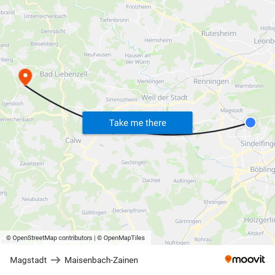 Magstadt to Maisenbach-Zainen map