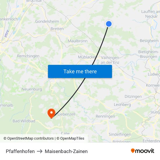 Pfaffenhofen to Maisenbach-Zainen map