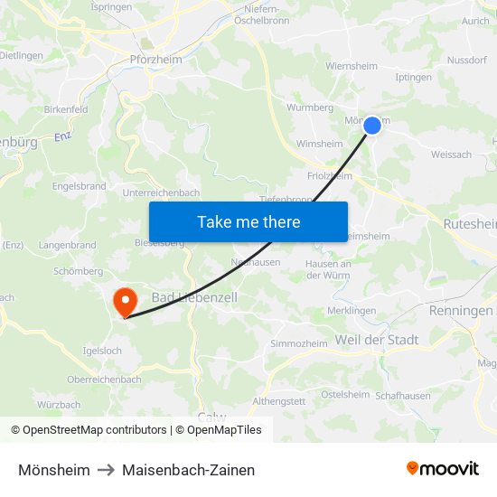 Mönsheim to Maisenbach-Zainen map