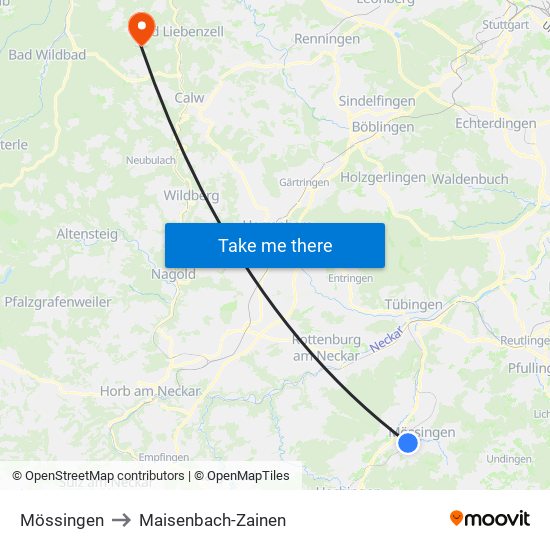 Mössingen to Maisenbach-Zainen map