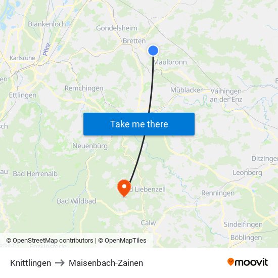 Knittlingen to Maisenbach-Zainen map