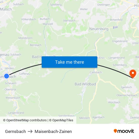 Gernsbach to Maisenbach-Zainen map
