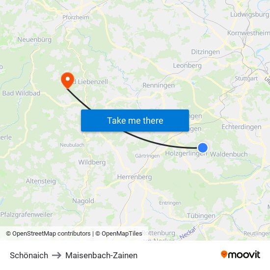 Schönaich to Maisenbach-Zainen map