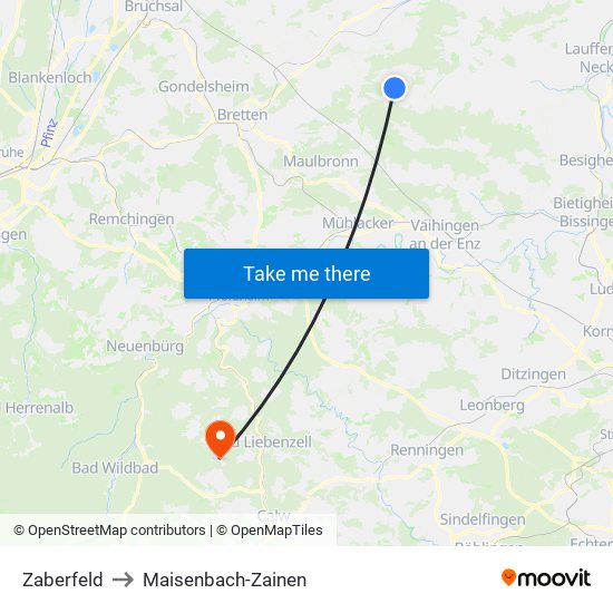 Zaberfeld to Maisenbach-Zainen map