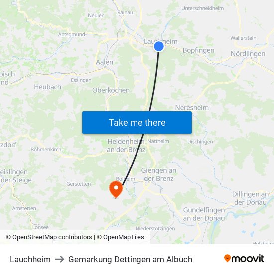 Lauchheim to Gemarkung Dettingen am Albuch map