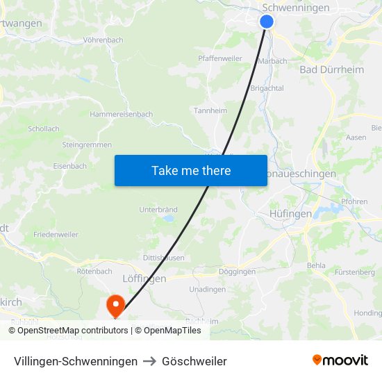 Villingen-Schwenningen to Göschweiler map