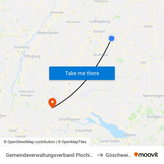 Gemeindeverwaltungsverband Plochingen to Göschweiler map