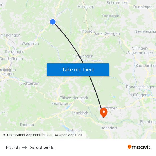 Elzach to Göschweiler map