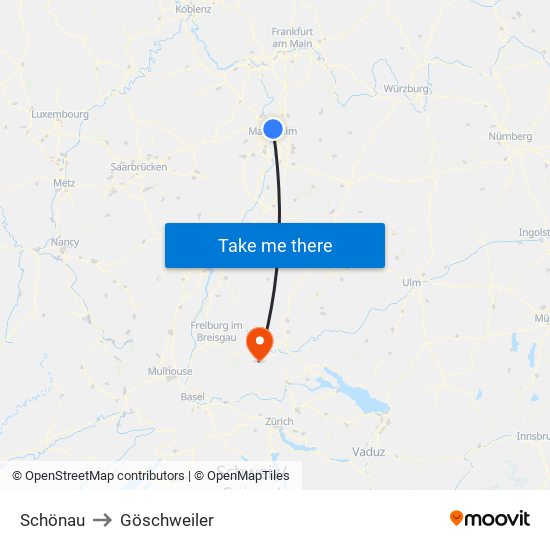 Schönau to Göschweiler map