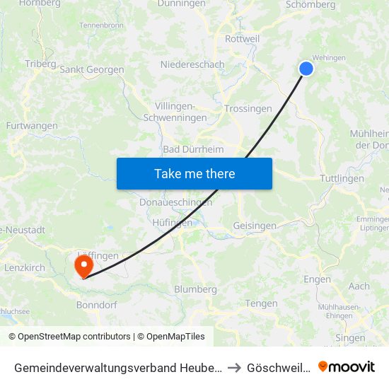 Gemeindeverwaltungsverband Heuberg to Göschweiler map