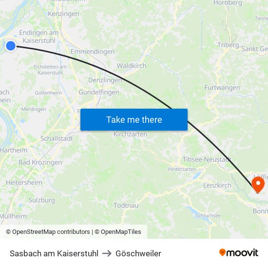 Sasbach am Kaiserstuhl to Göschweiler map