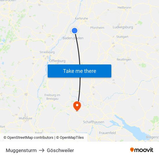 Muggensturm to Göschweiler map