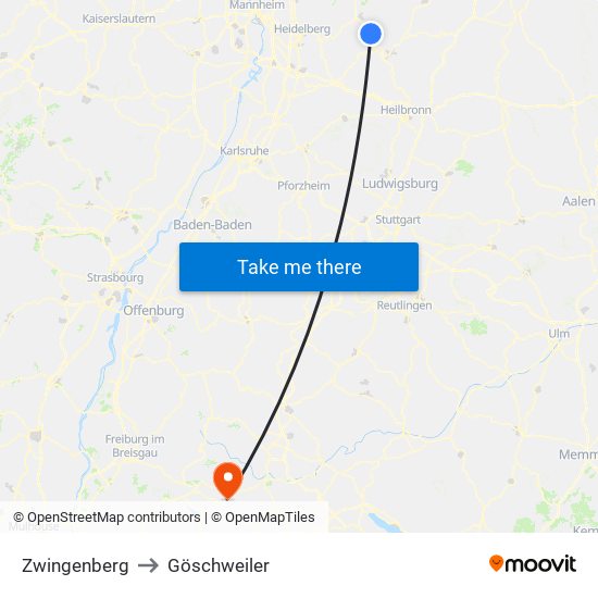 Zwingenberg to Göschweiler map